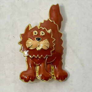 Enamel Scaredy Cat Brooch Brown Gold Tone 1 X 1.75"